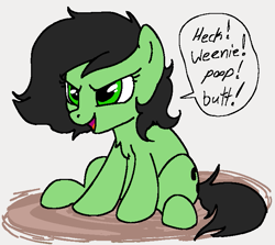 Size: 711x634 | Tagged: safe, artist:dotkwa, derpibooru import, oc, oc only, oc:anon filly, earth pony, pony, cute, dialogue, featured image, female, filly, foal, heck, insult, leaning, leaning forward, poop joke, simple background, sitting, smug, solo, speech bubble, text, vulgar, we are going to hell, white background