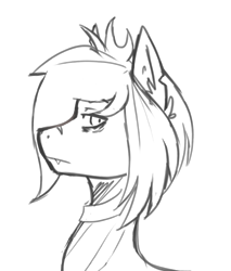Size: 1173x1377 | Tagged: safe, artist:aakariu, derpibooru import, earth pony, pony, undead, zombie, zombie pony, bring me the horizon, bust, clothes, commission, fangs, frown, lidded eyes, looking at you, male, oliver sykes, ponified, scar, shirt, simple background, sketch, species swap, stallion, torn ear, transparent background