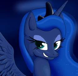 Size: 512x500 | Tagged: safe, artist:tami-kitten, derpibooru import, princess luna, alicorn, pony, female, grin, mare, simple background, smiling, smirk, smug, solo, spread wings, wings