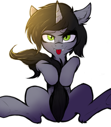 Size: 3500x4000 | Tagged: safe, artist:tatykin, derpibooru import, pony, unicorn, :p, commission, covering, disguise, disguised siren, ear fluff, ears, ears back, fangs, horn, kellin quinn, lidded eyes, looking at you, male, ponified, simple background, sleeping with sirens, slit eyes, solo, species swap, stallion, tongue, tongue out, white background, ych result