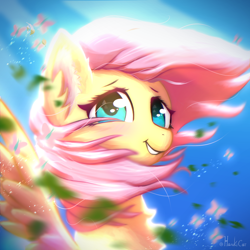 Size: 2000x2000 | Tagged: safe, artist:harukiicat, derpibooru import, fluttershy, butterfly, pegasus, pony, cute, female, leaves, mare, shyabetes, smiling, solo, spread wings, wind, wings