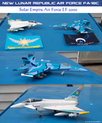 Size: 1024x1232 | Tagged: safe, artist:lonewolf3878, derpibooru import, aircraft, customized toy, eurofighter typhoon, f/a-18 hornet, flag, irl, jet, jet fighter, new lunar republic, photo, plane, solar empire, toy, warplane