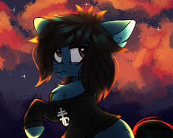 Size: 3484x2780 | Tagged: safe, artist:mint-light, derpibooru import, earth pony, pony, undead, zombie, zombie pony, bring me the horizon, chest fluff, clothes, commission, fangs, frown, long sleeves, male, oliver sykes, outdoors, ponified, raised hoof, raised leg, shirt, sitting, sky, solo, species swap, stallion, stitches