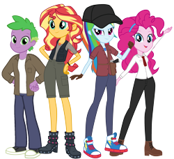 Size: 2903x2651 | Tagged: safe, artist:edy_january, artist:georgegarza01, derpibooru import, edit, pinkie pie, rainbow dash, spike, sunset shimmer, human, collaboration, equestria girls, boots, call of duty, call of duty zombies, call of duty: black ops 2, clothes, converse, desert eagle, geode of empathy, geode of sugar bombs, geode of super speed, gun, handgun, hat, human spike, humanized, long pants, magical geodes, parody, pistol, shirt, shoes, shorts, simple background, survival, survivor, t-shirt, transparent background, vector, vector edit, vest, victis, weapon, zombie apocalypse