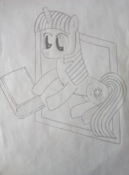 Size: 1560x2104 | Tagged: safe, derpibooru import, twilight sparkle, pony, unicorn, book, female, mare, monochrome, solo, traditional art