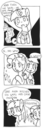 Size: 741x2155 | Tagged: safe, artist:omelettepony, ponerpics import, applejack, rarity, twilight sparkle, unicorn twilight, earth pony, pony, unicorn, 3 panel comic, campfire, comic, dialogue, drawthread, female, fire, flashlight (object), grayscale, horn, magic, mare, monochrome, sitting, sweat, telekinesis