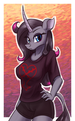 Size: 748x1200 | Tagged: safe, artist:redahfuhrerking, derpibooru import, oleander, anthro, unicorn, them's fightin' herds, clothes, community related, kingdom hearts, shirt, shorts, solo, t-shirt