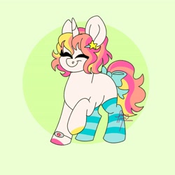 Size: 4096x4096 | Tagged: safe, artist:fizzlefer, derpibooru import, oc, oc only, pony, unicorn, bow, clothes, green background, simple background, socks, solo, striped socks, tail, tail bow