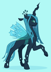 Size: 1280x1792 | Tagged: safe, artist:flightless-fox, derpibooru import, queen chrysalis, changeling, changeling queen, blue background, cyan background, raised hoof, raised leg, side view, simple background, solo