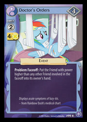 Size: 344x480 | Tagged: safe, derpibooru import, rainbow dash, rainbow falls, bandage, bed, ccg, crystal games, enterplay, hospital, injured, merchandise, sad, solo