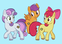 Size: 1280x914 | Tagged: safe, artist:flightless-fox, derpibooru import, apple bloom, scootaloo, sweetie belle, alternate cutie mark, blue background, cutie mark crusaders, cyan background, simple background