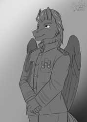 Size: 998x1400 | Tagged: safe, artist:sunny way, derpibooru import, anthro, pegasus, pony, admiral, clothes, costume, digital art, guard, male, military uniform, outfit, patreon, patreon reward, royal guard, solo, stallion, uniform, wings