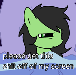 Size: 567x563 | Tagged: safe, artist:omelettepony, ponerpics import, oc, oc only, oc:anon filly, earth pony, pony, bed, blanket, drawthread, female, filly, foal, frown, meme, ponified, ponified meme, solo, vulgar