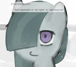 Size: 735x642 | Tagged: safe, artist:omelettepony, ponerpics import, marble pie, earth pony, pony, drawthread, female, hair over one eye, mare, solo, text