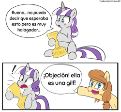 Size: 2230x2057 | Tagged: safe, artist:lance, derpibooru exclusive, derpibooru import, edit, editor:enrique zx, twilight velvet, oc, oc:cream heart, earth pony, pony, unicorn, blushing, comic, dialogue, duo, exclamation point, female, gilf, mare, milf, objection, pointing, simple background, sitting, spanish, spanish description, spanish text, speech bubble, surprised, text, translation, translator:enrique zx, trophy