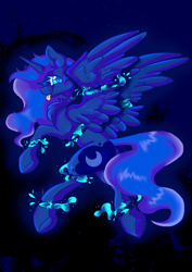 Size: 1754x2480 | Tagged: safe, artist:dankpegasista, derpibooru exclusive, derpibooru import, princess luna, alicorn, goo, pony, :p, blue fur, blue mane, butt, chest fluff, crescent moon, cute, cyan eyes, dark background, ear fluff, ears, edgy, eyelashes, female, flowy mane, glowing, gooey, highlights, hoof heart, horn, jewelry, large wings, long horn, long mane, looking at you, looking back, lunabetes, moon, moonbutt, png, princess of the night, purple mane, raised hoof, raised leg, regalia, royalty, shading, shiny mane, simple background, smiling, solo, sparkles, spread wings, tongue, tongue out, underhoof, wings