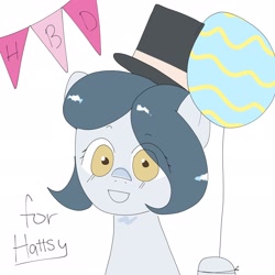 Size: 2048x2048 | Tagged: safe, artist:omelettepony, ponerpics import, oc, oc only, oc:hattsy, earth pony, pony, balloon, birthday, birthday art, female, hat, looking at you, mare, simple background, solo, top hat, white background