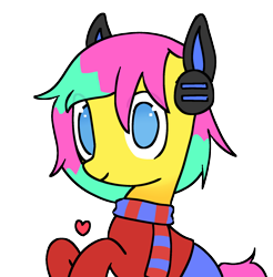 Size: 1776x1806 | Tagged: safe, artist:omelettepony, ponerpics import, oc, oc only, earth pony, pony, clothes, commission, eye clipping through hair, female, headphones, heart, looking at you, mare, scarf, simple background, solo, transparent background, ych result