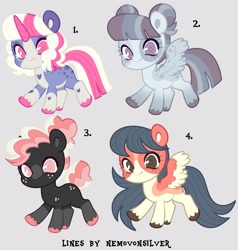 Size: 2000x2100 | Tagged: safe, artist:fizzlefer, artist:nemovonsilver, derpibooru import, oc, oc only, earth pony, pegasus, pony, unicorn, adoptable, simple background