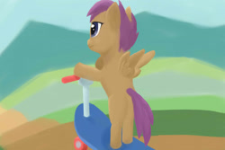 Size: 3000x2000 | Tagged: safe, artist:jimthecactus, derpibooru import, scootaloo, pegasus, pony, bipedal, bipedal leaning, butt, female, filly, foal, high res, leaning, plot, scooter, solo