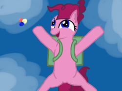 Size: 1024x768 | Tagged: safe, artist:jimthecactus, derpibooru import, pinkie pie, earth pony, pony, female, low angle, mare, open mouth, open smile, parachute, skydiving, smiling, solo