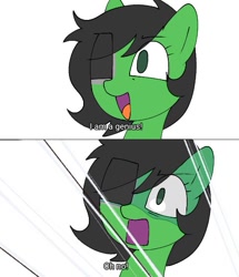 Size: 479x557 | Tagged: safe, artist:omelettepony, ponerpics import, oc, oc only, oc:anon filly, earth pony, pony, 2 panel comic, comic, dialogue, eyepatch, female, filly, foal, open mouth, simple background, solo, white background