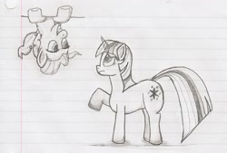 Size: 1851x1248 | Tagged: safe, artist:jimthecactus, derpibooru import, pinkie pie, twilight sparkle, unicorn twilight, earth pony, pony, unicorn, duo, grayscale, grin, in which pinkie pie forgets how to gravity, lined paper, looking at each other, looking at someone, looking up, monochrome, pencil drawing, pinkie being pinkie, pinkie physics, smiling, traditional art