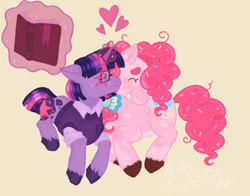 Size: 640x501 | Tagged: safe, artist:thegalaxyinapaperbag2, derpibooru import, pinkie pie, twilight sparkle, unicorn twilight, earth pony, pony, unicorn, alternate design, book, clothes, female, glasses, heart, lesbian, magic, mare, shipping, simple background, telekinesis, twinkie