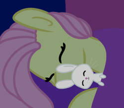 Size: 400x348 | Tagged: safe, artist:fluttershydaily, derpibooru import, angel bunny, fluttershy, eyes closed, fluttershy's bedroom, hug, sleeping, smiling