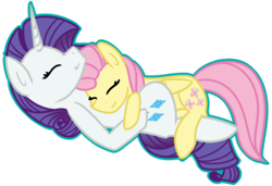 Size: 400x274 | Tagged: safe, artist:fluttershydaily, derpibooru import, fluttershy, rarity, eyes closed, hug, lying down, simple background, smiling, transparent background