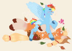 Size: 1386x978 | Tagged: safe, artist:thegalaxyinapaperbag2, derpibooru import, applejack, rainbow dash, earth pony, pegasus, pony, alternate design, appledash, bandaid, bandaid on nose, female, hairband, heart, leaf, leaves, lesbian, shipping, short mane, short tail, simple background, tail, tail band