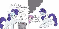 Size: 4096x2029 | Tagged: safe, artist:fizzlefer, derpibooru import, part of a set, rarity, sweetie belle, pony, unicorn, comic, simple background, smoke, solo, white background