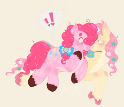 Size: 1040x901 | Tagged: safe, artist:thegalaxyinapaperbag2, derpibooru import, fluttershy, pinkie pie, alternate design, exclamation point, female, flower, flutterpie, lesbian, shipping, simple background