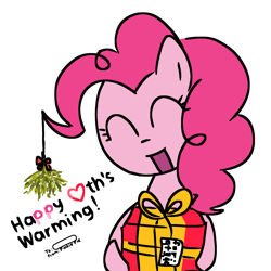 Size: 2048x2048 | Tagged: safe, artist:omelettepony, ponerpics import, pinkie pie, earth pony, pony, christmas presents, eyes closed, female, holiday, mare, open mouth, present, simple background, solo, text, white background