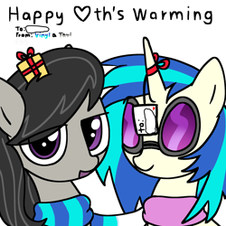 Size: 2048x2048 | Tagged: safe, artist:omelettepony, ponerpics import, dj pon-3, octavia melody, vinyl scratch, earth pony, pony, unicorn, christmas presents, clothes, duo, duo female, female, glasses, horn, looking at you, mare, present, scarf, shared clothing, shared scarf, simple background, text, white background