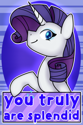 Size: 540x810 | Tagged: safe, artist:fluttershydaily, derpibooru import, rarity, blue background, looking at you, raised hoof, raised leg, simple background, smiling