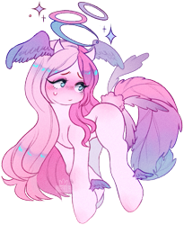 Size: 541x660 | Tagged: safe, artist:deviiel, derpibooru import, earth pony, pony, blue eyes, gradient tail, pink hair, pink tail, simple background, solo, stars, sweat, sweatdrop, tail, transparent background, white coat