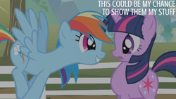 Size: 1280x720 | Tagged: safe, derpibooru import, edit, edited screencap, editor:quoterific, screencap, rainbow dash, twilight sparkle, unicorn twilight, unicorn, the ticket master, fence