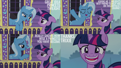 Size: 2000x1125 | Tagged: safe, derpibooru import, edit, edited screencap, editor:quoterific, screencap, trixie, twilight sparkle, twilight sparkle (alicorn), alicorn, to where and back again, annoyed, grin, smiling, trixie's wagon, wagon