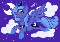 Size: 2048x1448 | Tagged: safe, artist:art_alanis, derpibooru import, princess luna, alicorn, pony, cloud, flying, moon, night, open mouth, s1 luna, solo