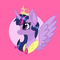 Size: 2048x2048 | Tagged: safe, artist:art_alanis, derpibooru import, twilight sparkle, twilight sparkle (alicorn), alicorn, pony, big crown thingy, bust, element of magic, jewelry, pink background, regalia, simple background, solo