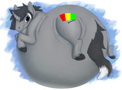 Size: 1041x768 | Tagged: safe, artist:paradoxinhead, derpibooru import, oc, oc:midnight snack, unicorn, belly, belly bed, big belly, fat, huge belly, impossibly large belly, looking back, male, solo