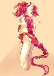 Size: 1500x2100 | Tagged: safe, artist:draco zero, derpibooru import, roseluck, pony, alternate hairstyle, braid, collar, commission, commissioner:doom9454, cute, long tail, pony pet, ponytail, ribbon, rosepet, tail, underhoof