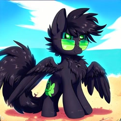 Size: 1024x1024 | Tagged: safe, derpibooru import, machine learning generated, oc, oc:pizza split, pegasus, beach, male, sunglasses