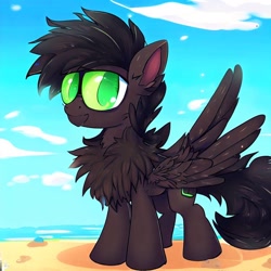 Size: 1024x1024 | Tagged: safe, derpibooru import, machine learning generated, oc, oc:pizza split, pegasus, beach, male, sunglasses