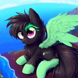 Size: 1024x1024 | Tagged: safe, derpibooru import, machine learning generated, oc, oc:pizza split, pegasus, beach, male