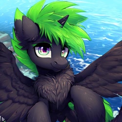 Size: 1024x1024 | Tagged: safe, derpibooru import, machine learning generated, oc, oc:pizza split, pegasus, beach, male