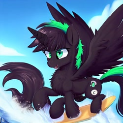 Size: 1024x1024 | Tagged: safe, derpibooru import, machine learning generated, oc, oc:pizza split, pegasus, beach, male, surfing