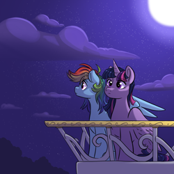 Size: 1648x1648 | Tagged: safe, artist:smirk, derpibooru import, rainbow dash, twilight sparkle, twilight sparkle (alicorn), alicorn, balcony, cloud, commission, duo, moon, night