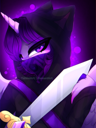 Size: 1875x2500 | Tagged: safe, artist:taiweiart, derpibooru import, oc, oc only, alicorn, pony, abstract background, alicorn oc, clothes, face mask, female, hoodie, horn, mare, mask, solo, sword, weapon, wings